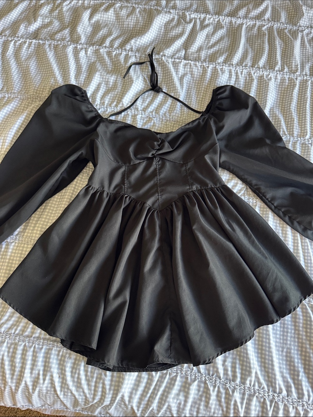 SHEIN Black Halter Tie Mini Dress with Puff Sleeves